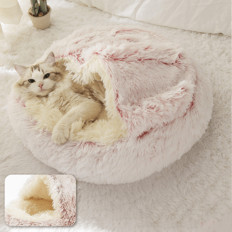 Plush Round Hooded Pet Bed,  Fluffy Soft Cat Bed, Donut Pet Cushion, Winter 2 In 1 Cat Bed Round Warm Pet Bed House Long Plush Cat Bed Warm Sleeping Bag Sofa Cushion