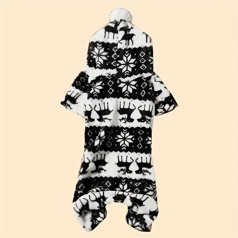 1pc Pet Christmas Reindeer Graphic Pajamas Hooded Jumpsuit For Puppy, Toy And Small Dog