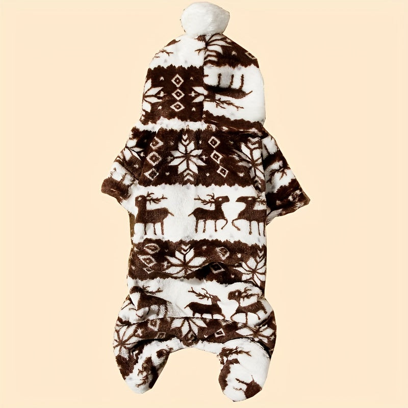 1pc Pet Christmas Reindeer Graphic Pajamas Hooded Jumpsuit For Puppy, Toy And Small Dog