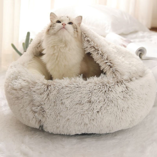Plush Round Hooded Pet Bed,  Fluffy Soft Cat Bed, Donut Pet Cushion, Winter 2 In 1 Cat Bed Round Warm Pet Bed House Long Plush Cat Bed Warm Sleeping Bag Sofa Cushion